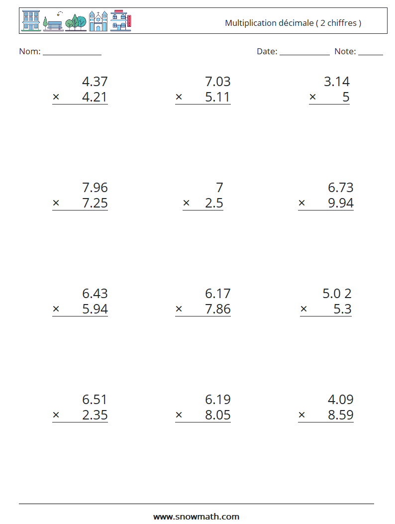 (12) Multiplication décimale ( 2 chiffres ) Fiches d'Exercices de Mathématiques 17