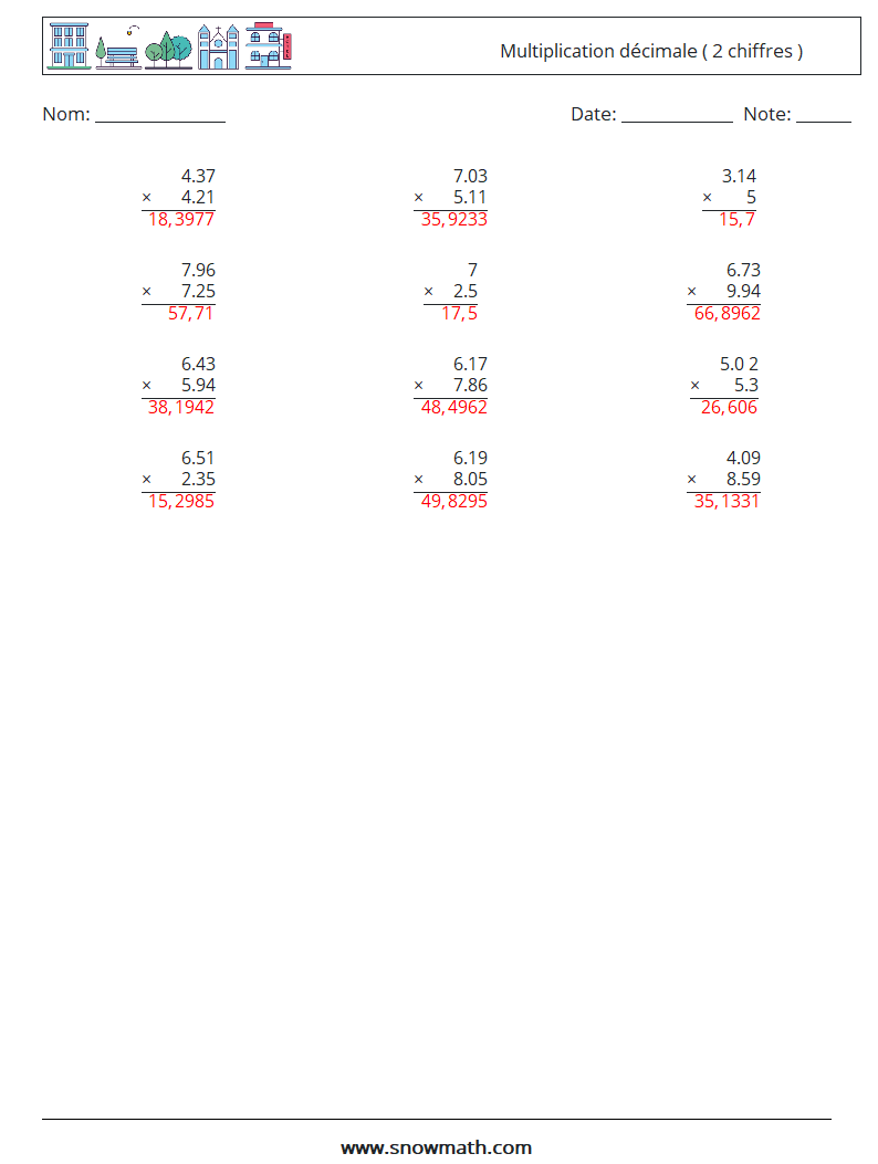 (12) Multiplication décimale ( 2 chiffres ) Fiches d'Exercices de Mathématiques 17 Question, Réponse