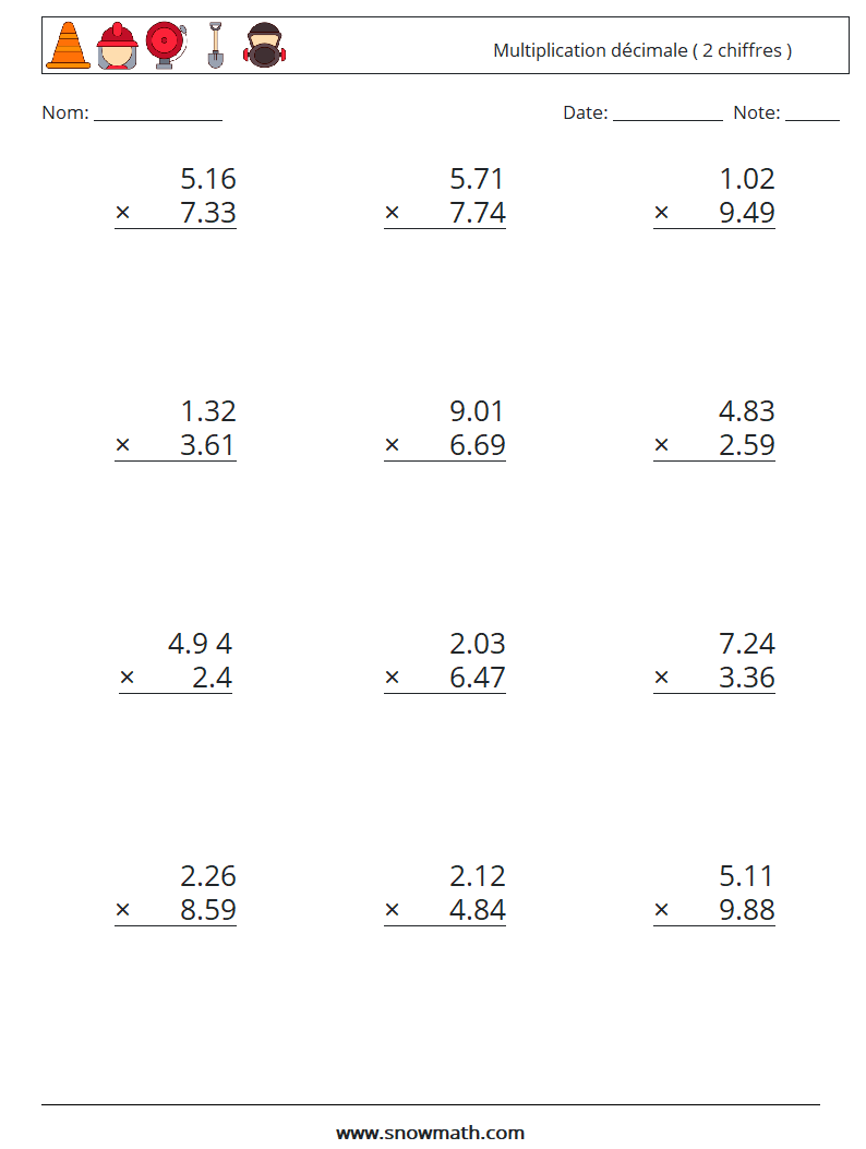 (12) Multiplication décimale ( 2 chiffres ) Fiches d'Exercices de Mathématiques 18