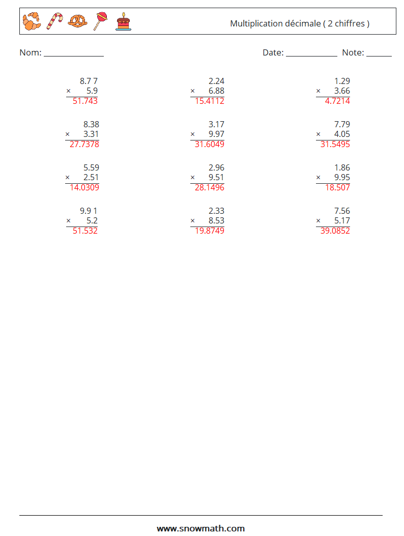 (12) Multiplication décimale ( 2 chiffres ) Fiches d'Exercices de Mathématiques 1 Question, Réponse