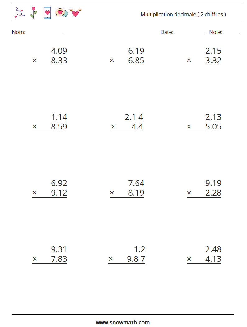 (12) Multiplication décimale ( 2 chiffres ) Fiches d'Exercices de Mathématiques 2