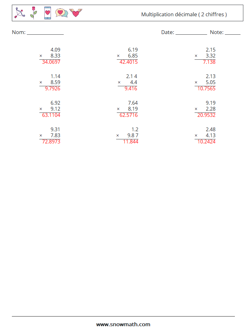 (12) Multiplication décimale ( 2 chiffres ) Fiches d'Exercices de Mathématiques 2 Question, Réponse