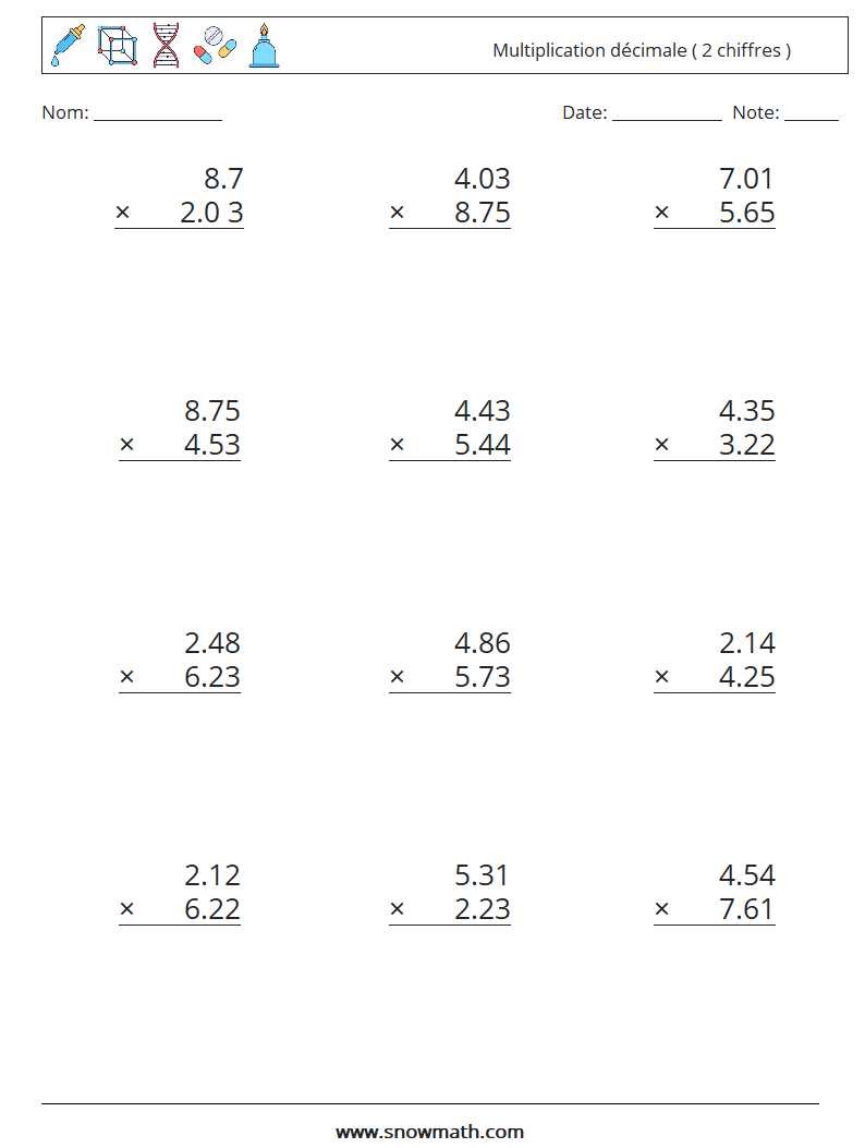 (12) Multiplication décimale ( 2 chiffres ) Fiches d'Exercices de Mathématiques 3
