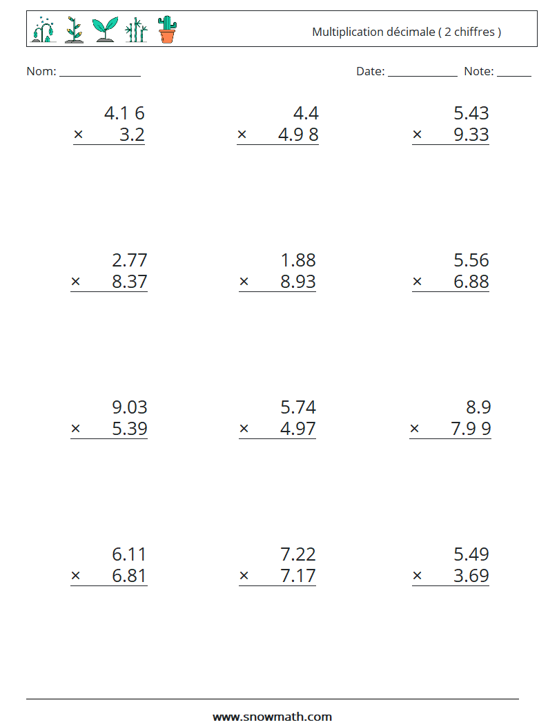(12) Multiplication décimale ( 2 chiffres ) Fiches d'Exercices de Mathématiques 4