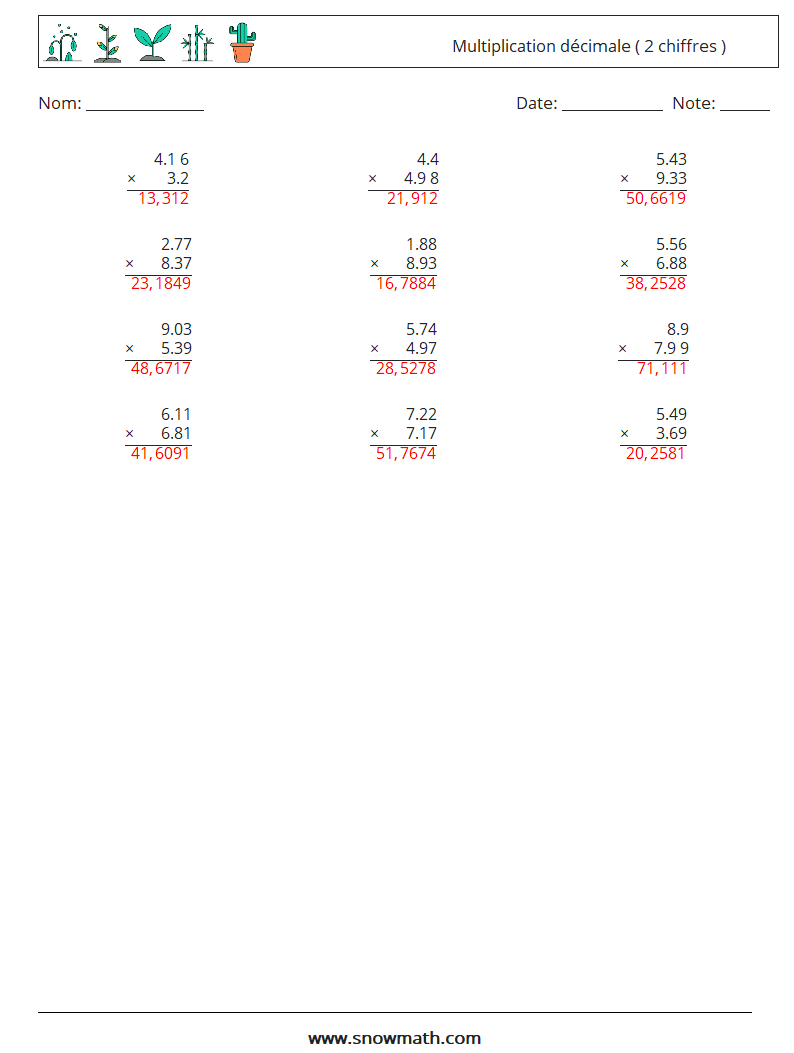 (12) Multiplication décimale ( 2 chiffres ) Fiches d'Exercices de Mathématiques 4 Question, Réponse