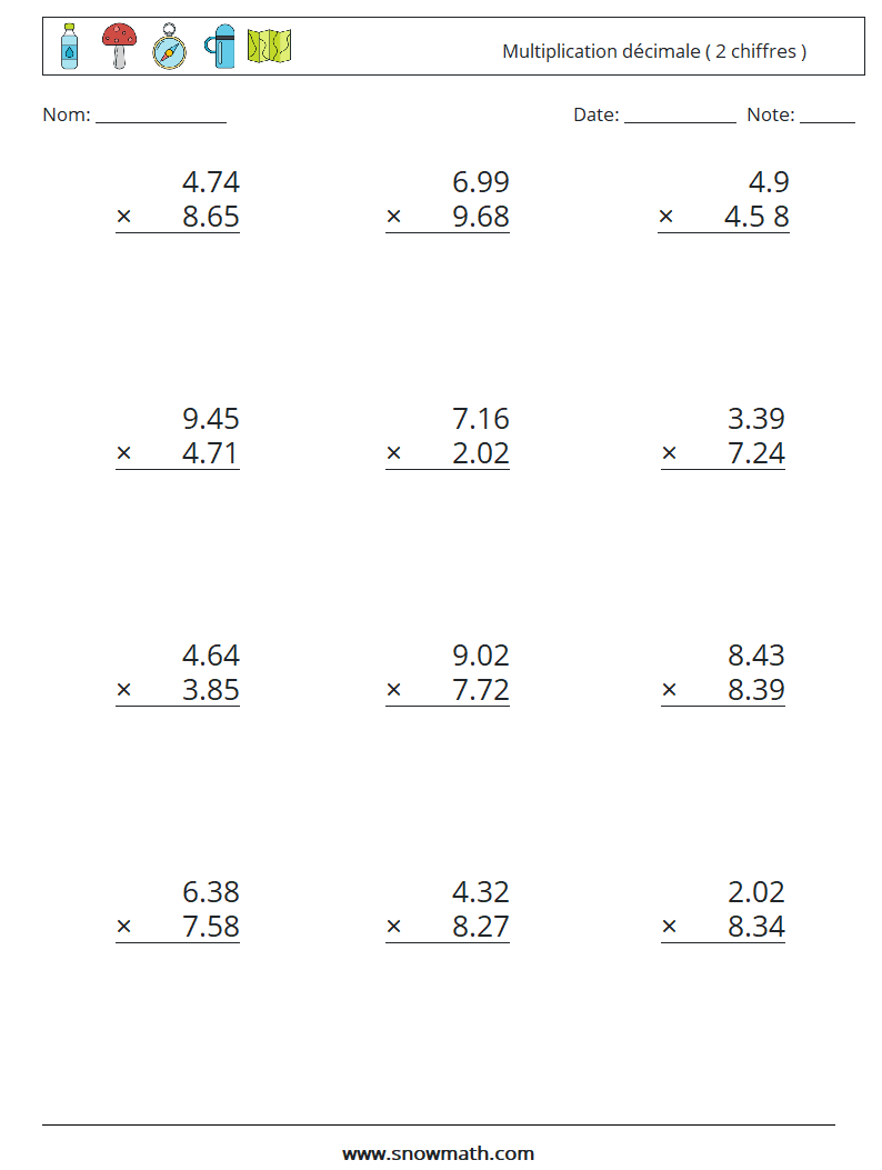 (12) Multiplication décimale ( 2 chiffres ) Fiches d'Exercices de Mathématiques 5