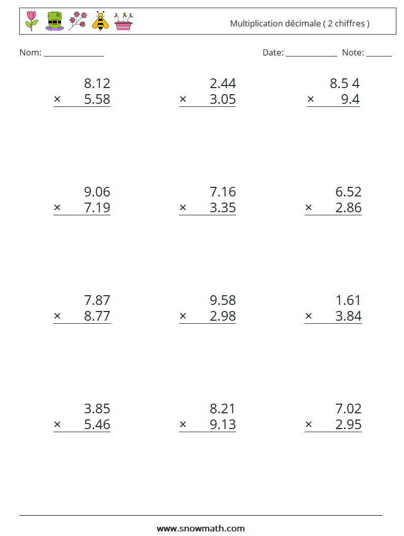 (12) Multiplication décimale ( 2 chiffres ) Fiches d'Exercices de Mathématiques 6