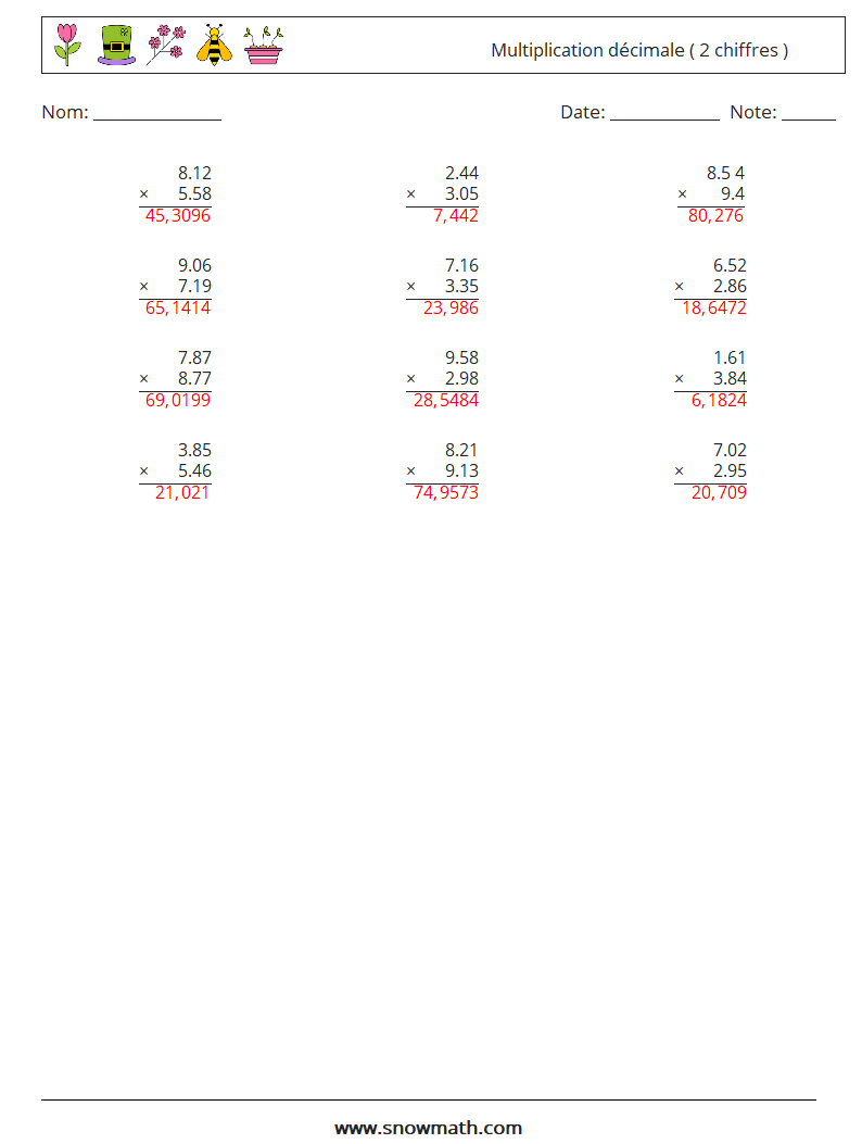 (12) Multiplication décimale ( 2 chiffres ) Fiches d'Exercices de Mathématiques 6 Question, Réponse