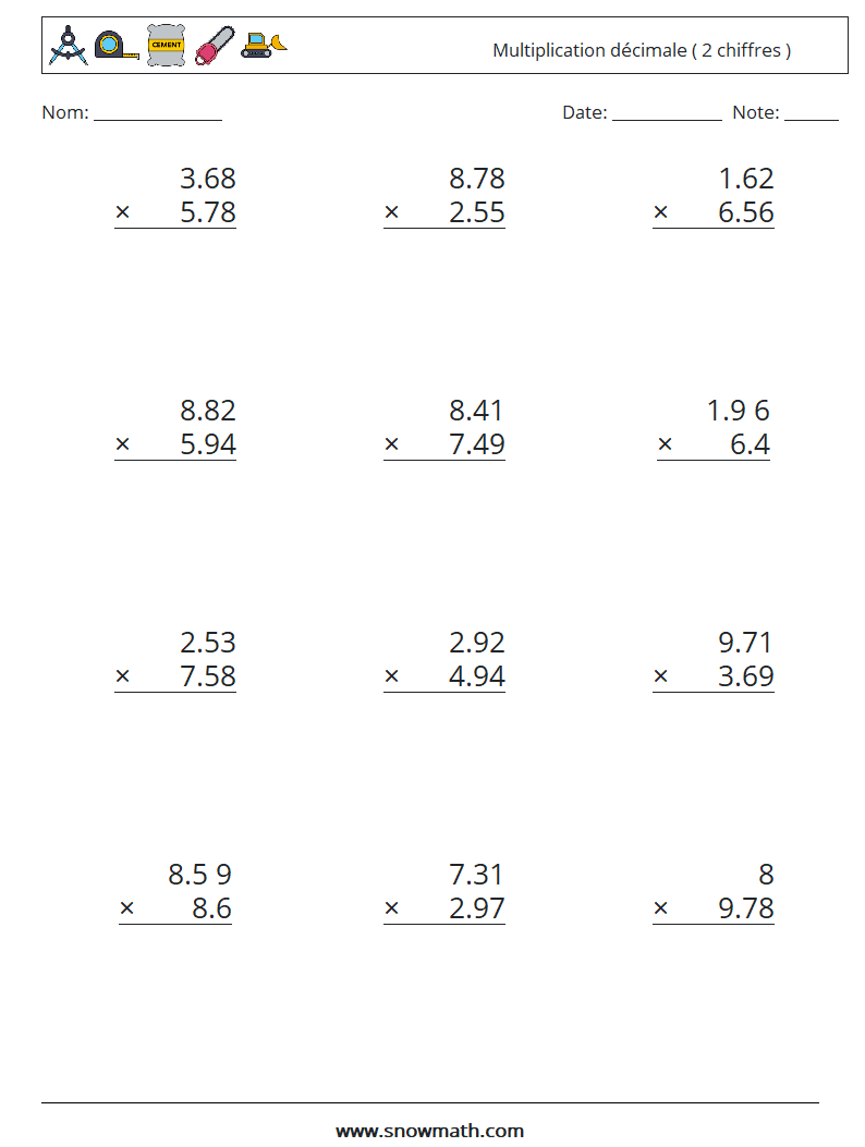 (12) Multiplication décimale ( 2 chiffres ) Fiches d'Exercices de Mathématiques 7