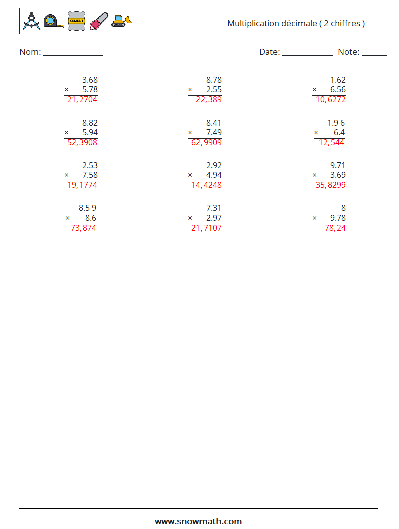 (12) Multiplication décimale ( 2 chiffres ) Fiches d'Exercices de Mathématiques 7 Question, Réponse