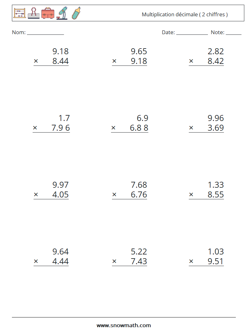 (12) Multiplication décimale ( 2 chiffres ) Fiches d'Exercices de Mathématiques 8