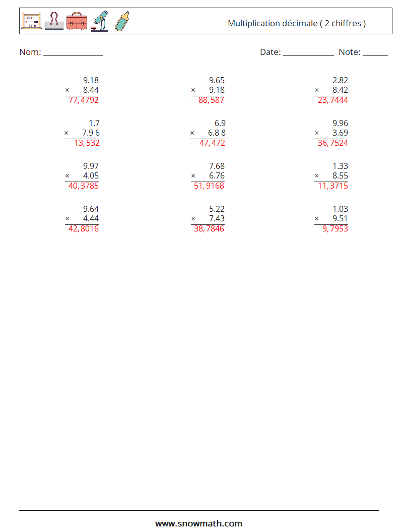 (12) Multiplication décimale ( 2 chiffres ) Fiches d'Exercices de Mathématiques 8 Question, Réponse