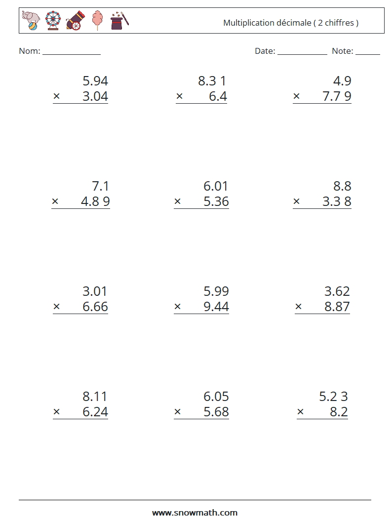 (12) Multiplication décimale ( 2 chiffres ) Fiches d'Exercices de Mathématiques 9
