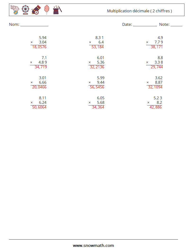 (12) Multiplication décimale ( 2 chiffres ) Fiches d'Exercices de Mathématiques 9 Question, Réponse