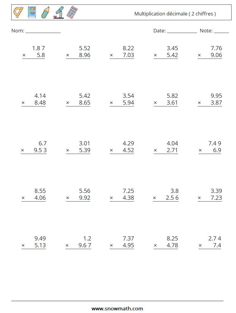 (25) Multiplication décimale ( 2 chiffres ) Fiches d'Exercices de Mathématiques 1