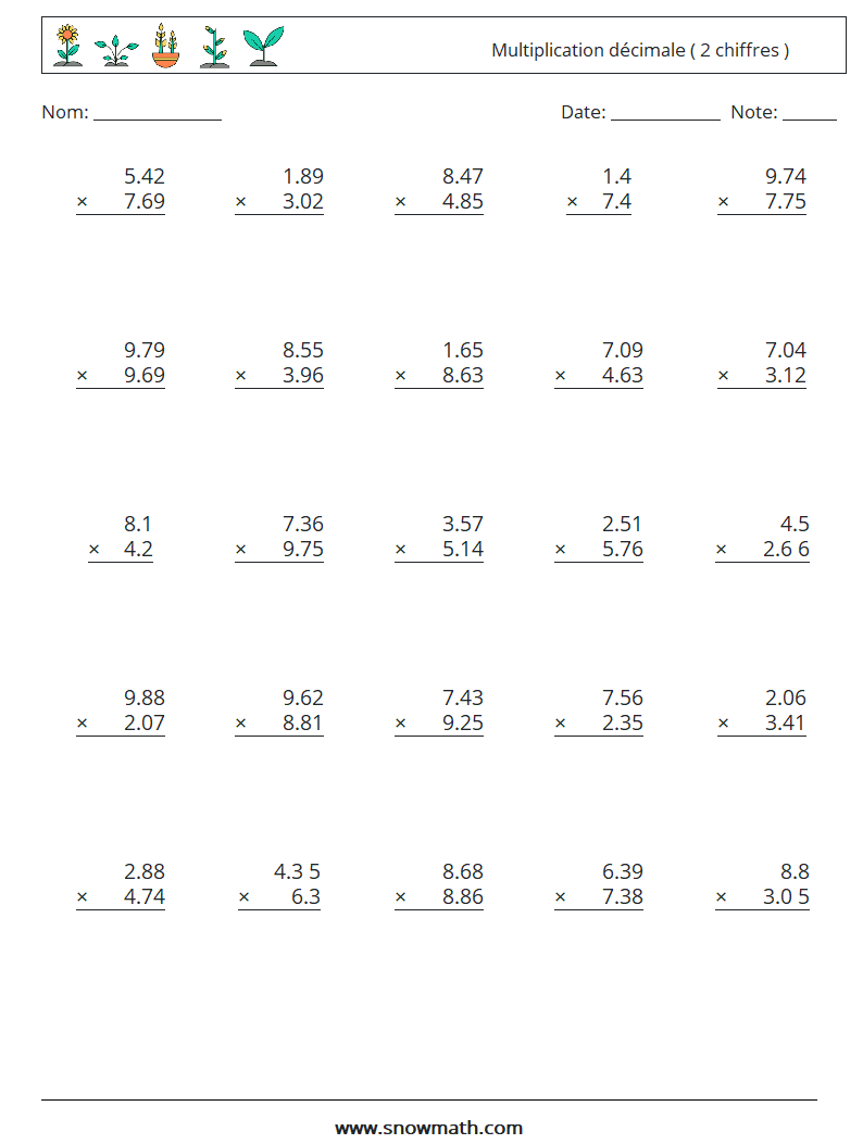 (25) Multiplication décimale ( 2 chiffres ) Fiches d'Exercices de Mathématiques 11