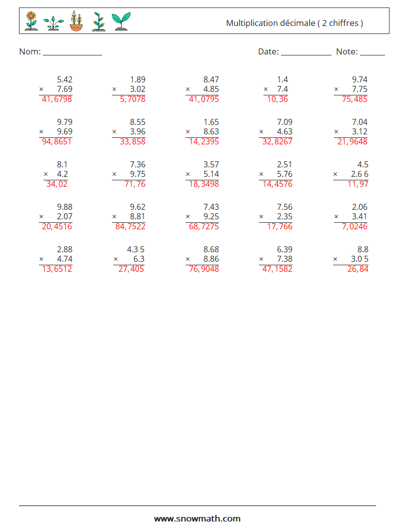 (25) Multiplication décimale ( 2 chiffres ) Fiches d'Exercices de Mathématiques 11 Question, Réponse