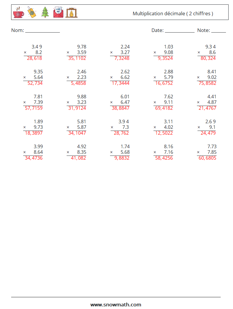 (25) Multiplication décimale ( 2 chiffres ) Fiches d'Exercices de Mathématiques 12 Question, Réponse