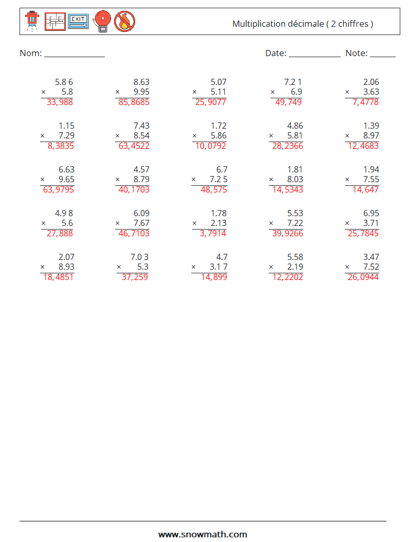 (25) Multiplication décimale ( 2 chiffres ) Fiches d'Exercices de Mathématiques 13 Question, Réponse