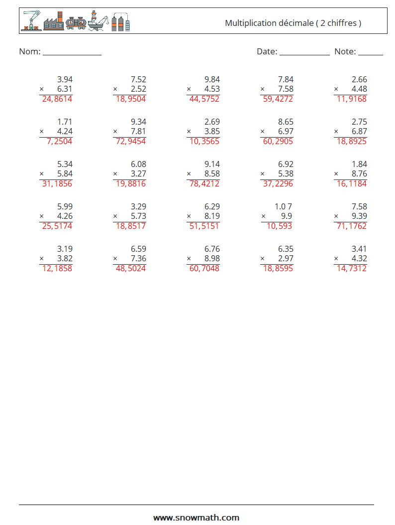 (25) Multiplication décimale ( 2 chiffres ) Fiches d'Exercices de Mathématiques 14 Question, Réponse