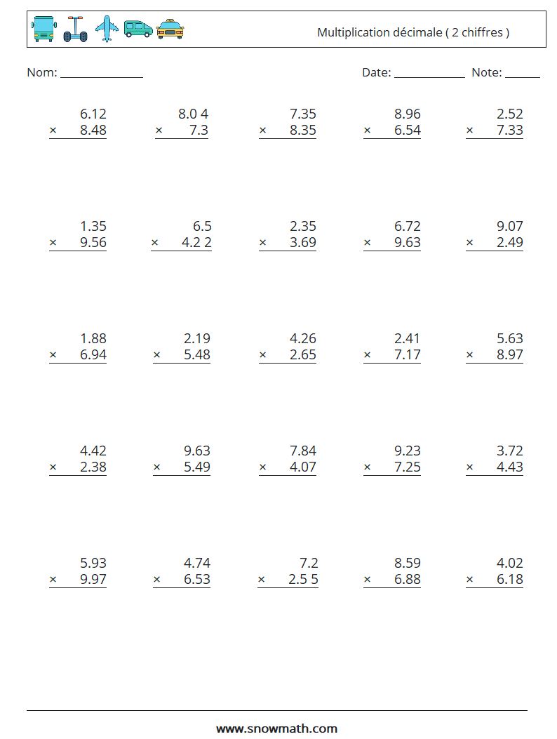 (25) Multiplication décimale ( 2 chiffres ) Fiches d'Exercices de Mathématiques 15