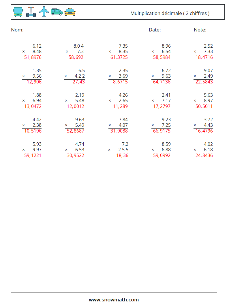 (25) Multiplication décimale ( 2 chiffres ) Fiches d'Exercices de Mathématiques 15 Question, Réponse