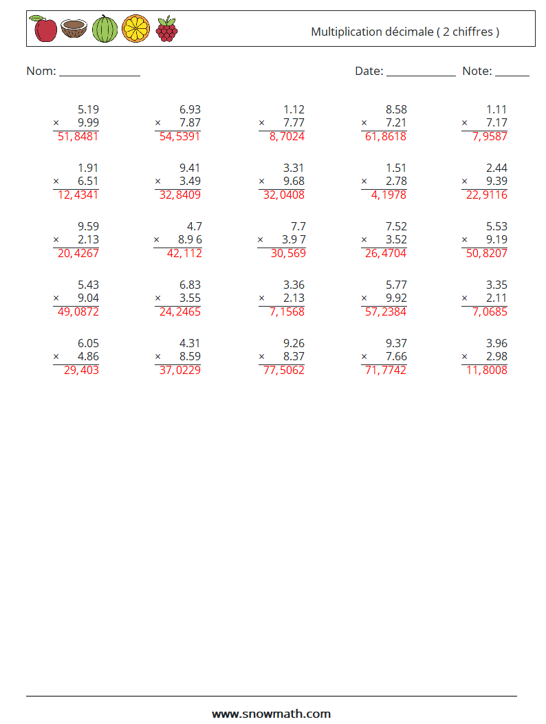 (25) Multiplication décimale ( 2 chiffres ) Fiches d'Exercices de Mathématiques 16 Question, Réponse