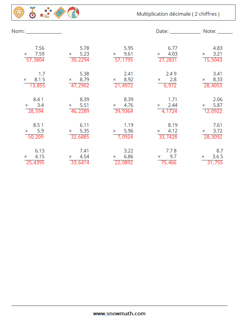 (25) Multiplication décimale ( 2 chiffres ) Fiches d'Exercices de Mathématiques 17 Question, Réponse