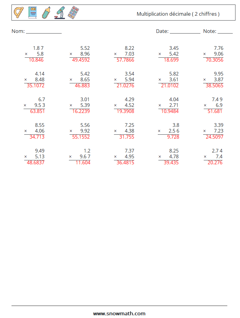 (25) Multiplication décimale ( 2 chiffres ) Fiches d'Exercices de Mathématiques 1 Question, Réponse