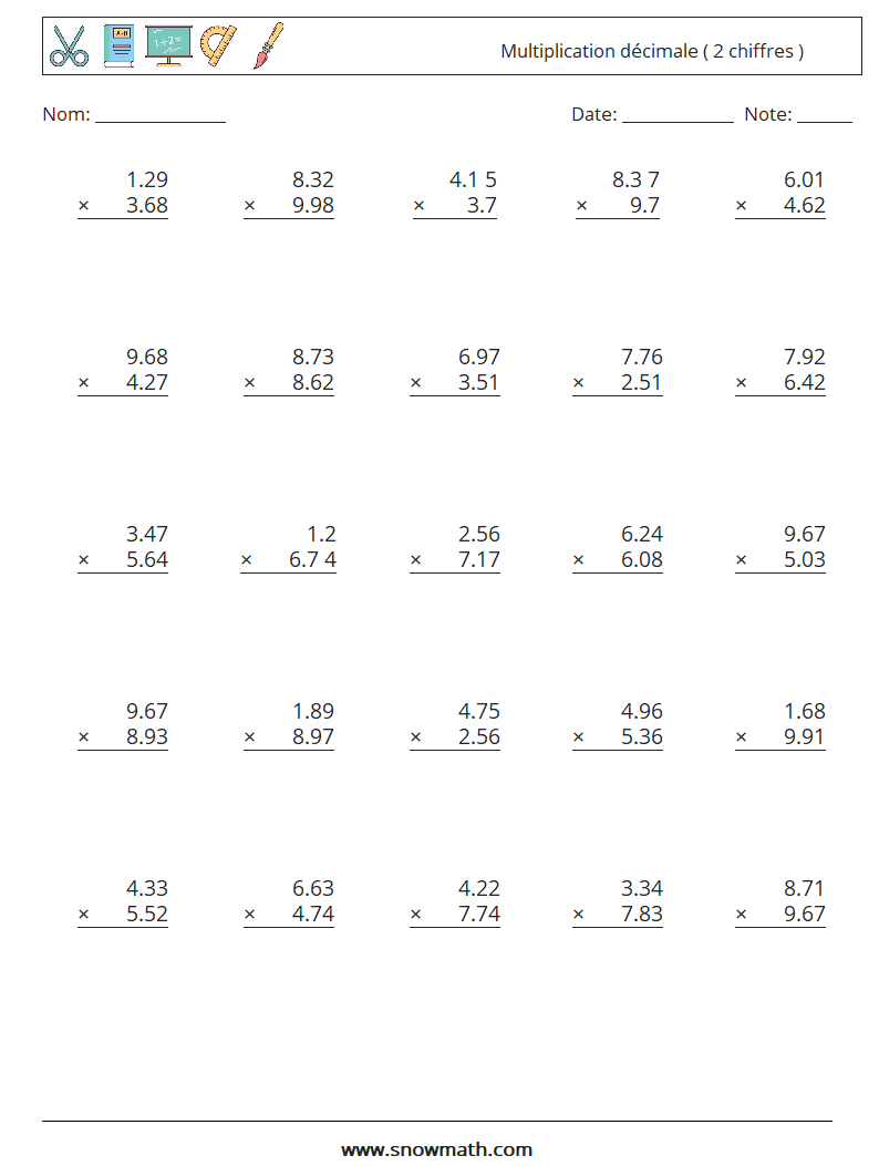 (25) Multiplication décimale ( 2 chiffres ) Fiches d'Exercices de Mathématiques 2