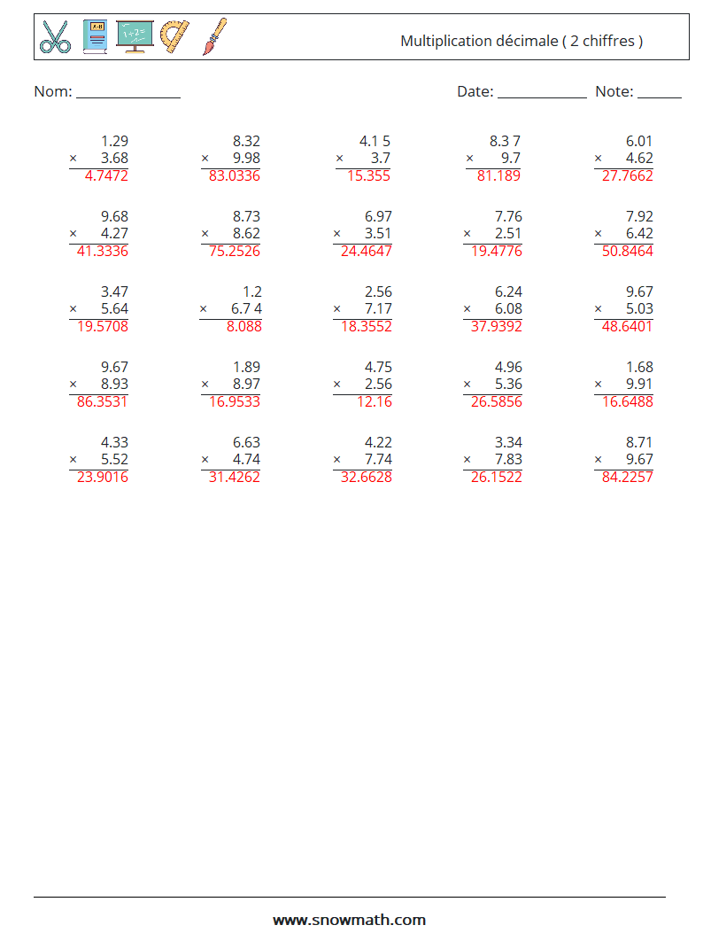 (25) Multiplication décimale ( 2 chiffres ) Fiches d'Exercices de Mathématiques 2 Question, Réponse