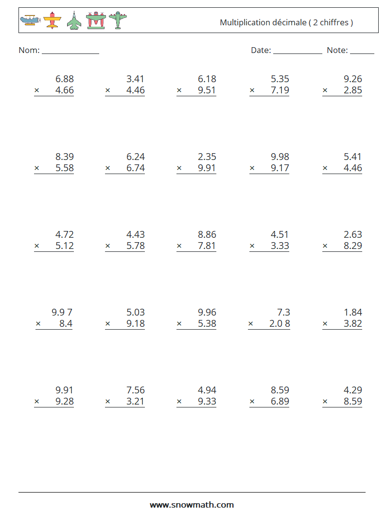 (25) Multiplication décimale ( 2 chiffres ) Fiches d'Exercices de Mathématiques 3