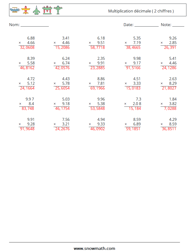 (25) Multiplication décimale ( 2 chiffres ) Fiches d'Exercices de Mathématiques 3 Question, Réponse