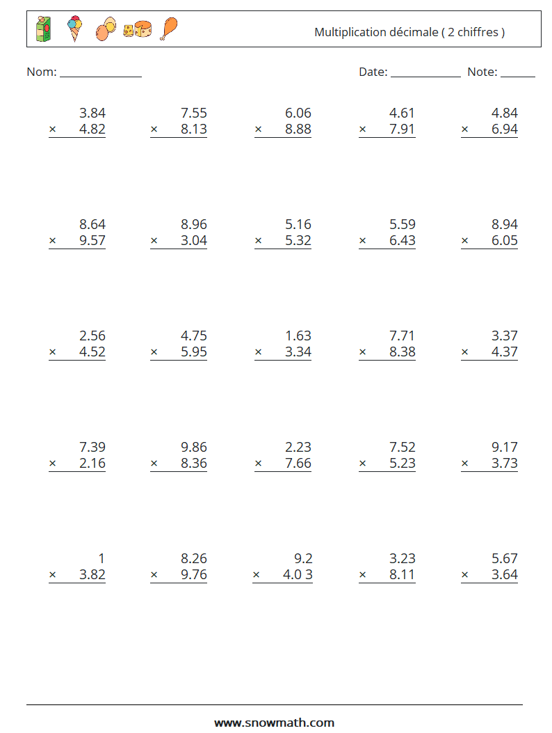 (25) Multiplication décimale ( 2 chiffres ) Fiches d'Exercices de Mathématiques 4