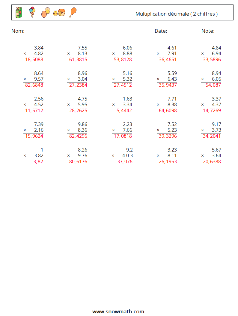 (25) Multiplication décimale ( 2 chiffres ) Fiches d'Exercices de Mathématiques 4 Question, Réponse