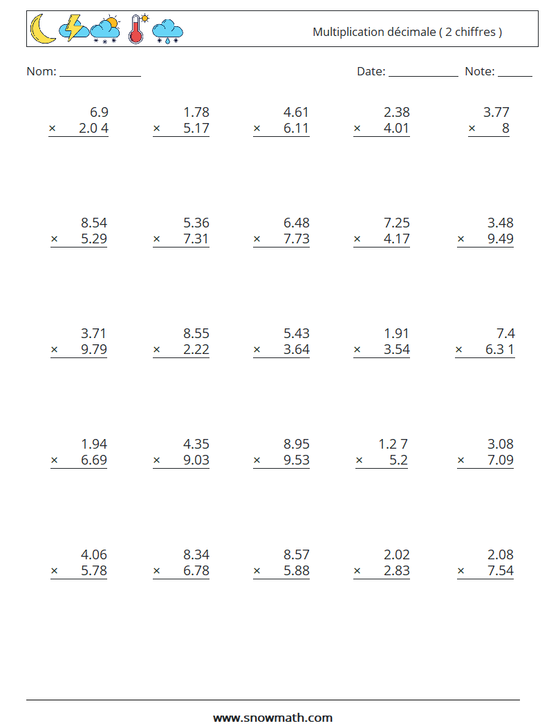 (25) Multiplication décimale ( 2 chiffres ) Fiches d'Exercices de Mathématiques 5