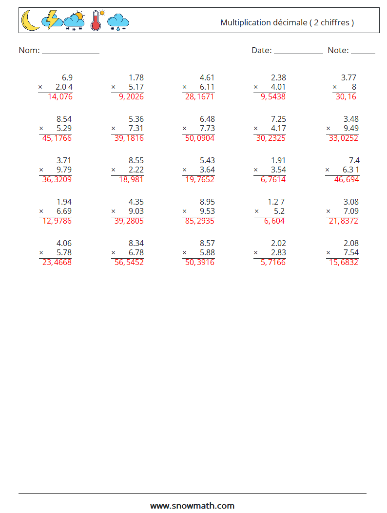 (25) Multiplication décimale ( 2 chiffres ) Fiches d'Exercices de Mathématiques 5 Question, Réponse