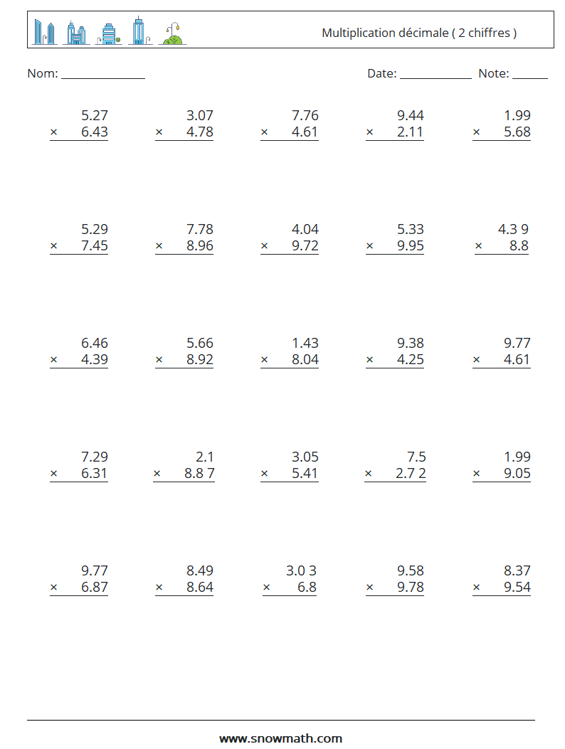 (25) Multiplication décimale ( 2 chiffres ) Fiches d'Exercices de Mathématiques 6