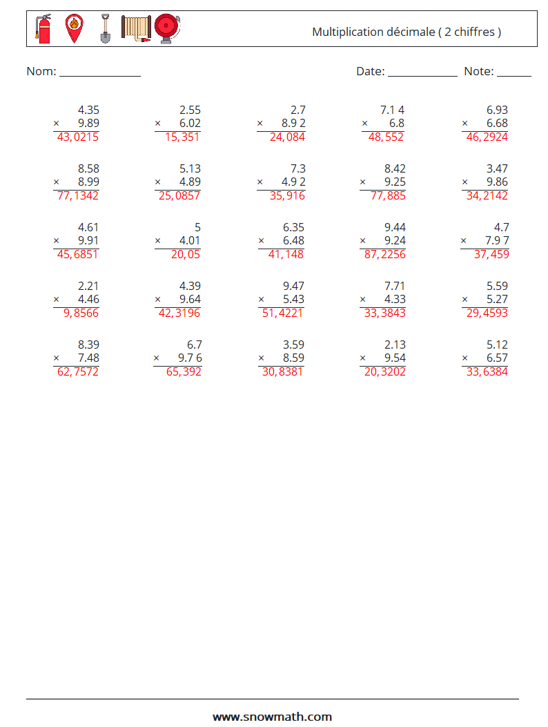 (25) Multiplication décimale ( 2 chiffres ) Fiches d'Exercices de Mathématiques 7 Question, Réponse