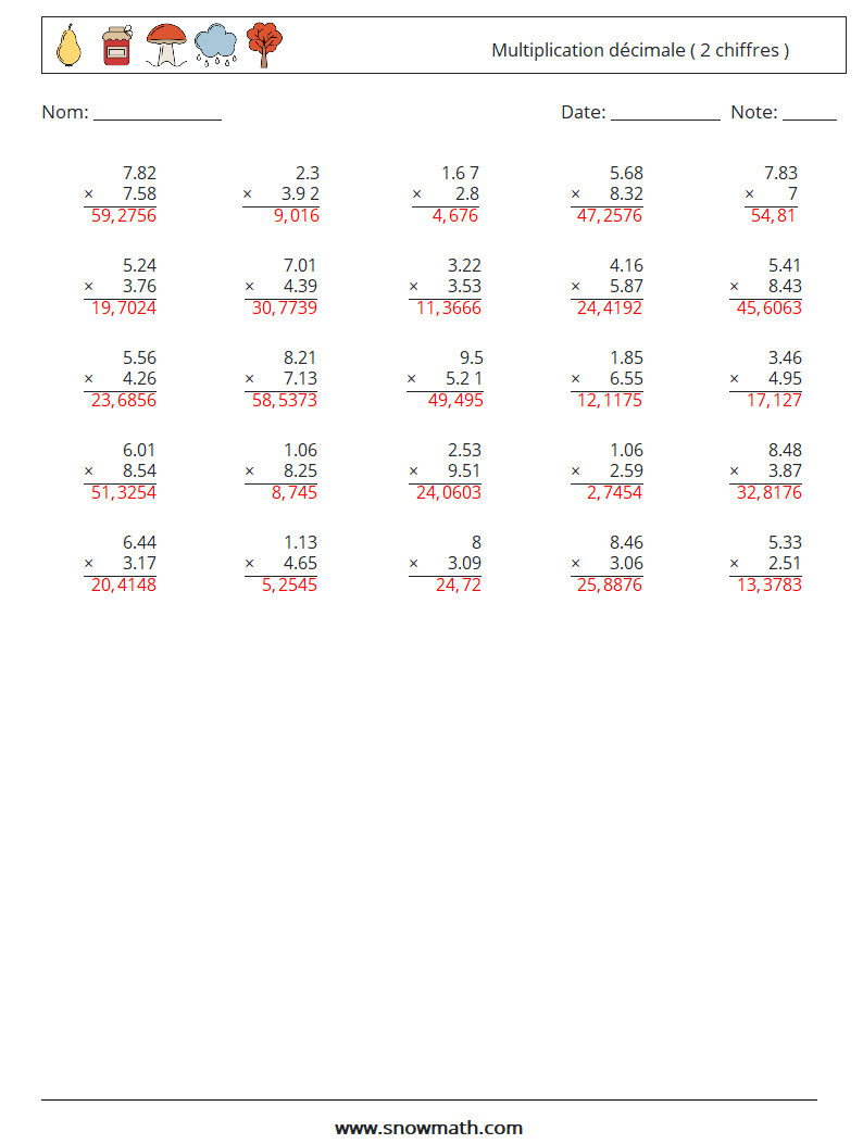 (25) Multiplication décimale ( 2 chiffres ) Fiches d'Exercices de Mathématiques 8 Question, Réponse