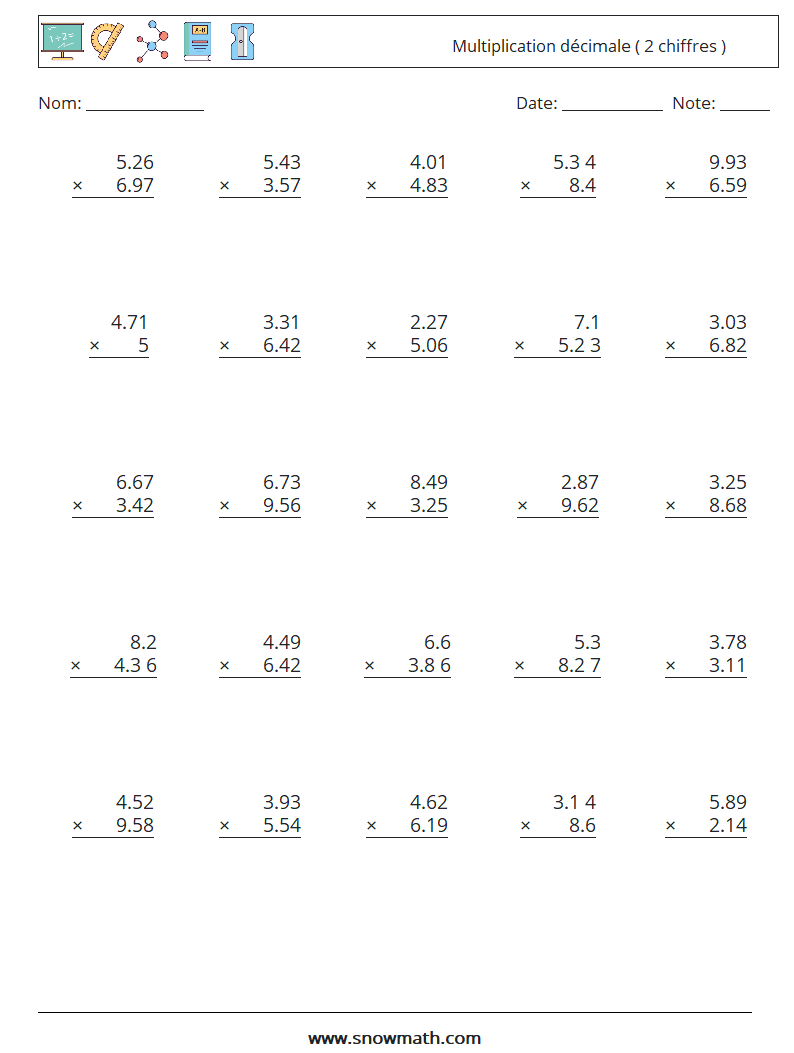 (25) Multiplication décimale ( 2 chiffres ) Fiches d'Exercices de Mathématiques 9