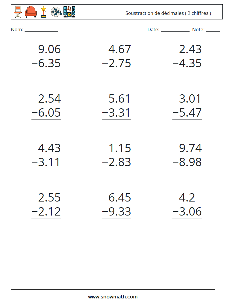 (12) Soustraction de décimales ( 2 chiffres ) Fiches d'Exercices de Mathématiques 1