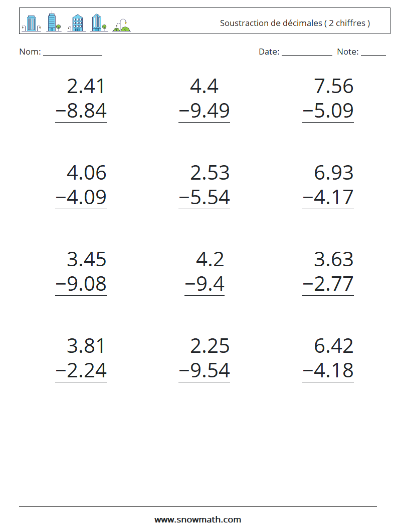 (12) Soustraction de décimales ( 2 chiffres ) Fiches d'Exercices de Mathématiques 10