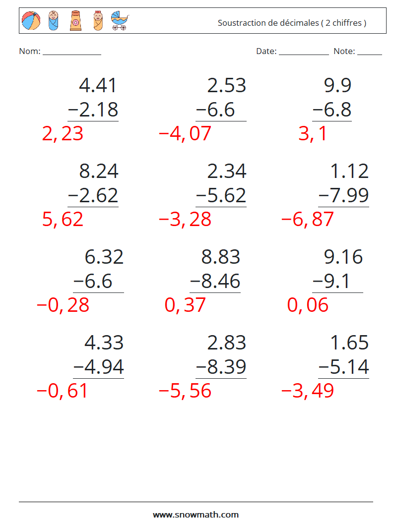 (12) Soustraction de décimales ( 2 chiffres ) Fiches d'Exercices de Mathématiques 11 Question, Réponse