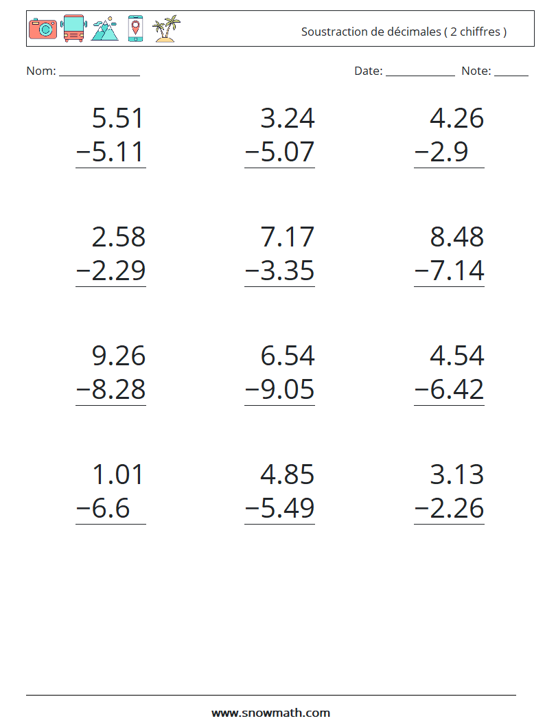 (12) Soustraction de décimales ( 2 chiffres ) Fiches d'Exercices de Mathématiques 12