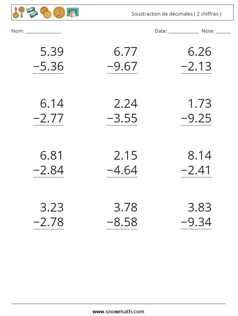 (12) Soustraction de décimales ( 2 chiffres ) Fiches d'Exercices de Mathématiques 14