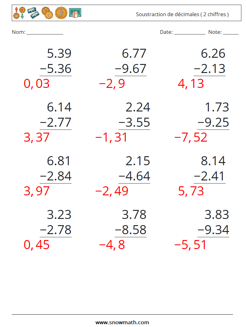 (12) Soustraction de décimales ( 2 chiffres ) Fiches d'Exercices de Mathématiques 14 Question, Réponse