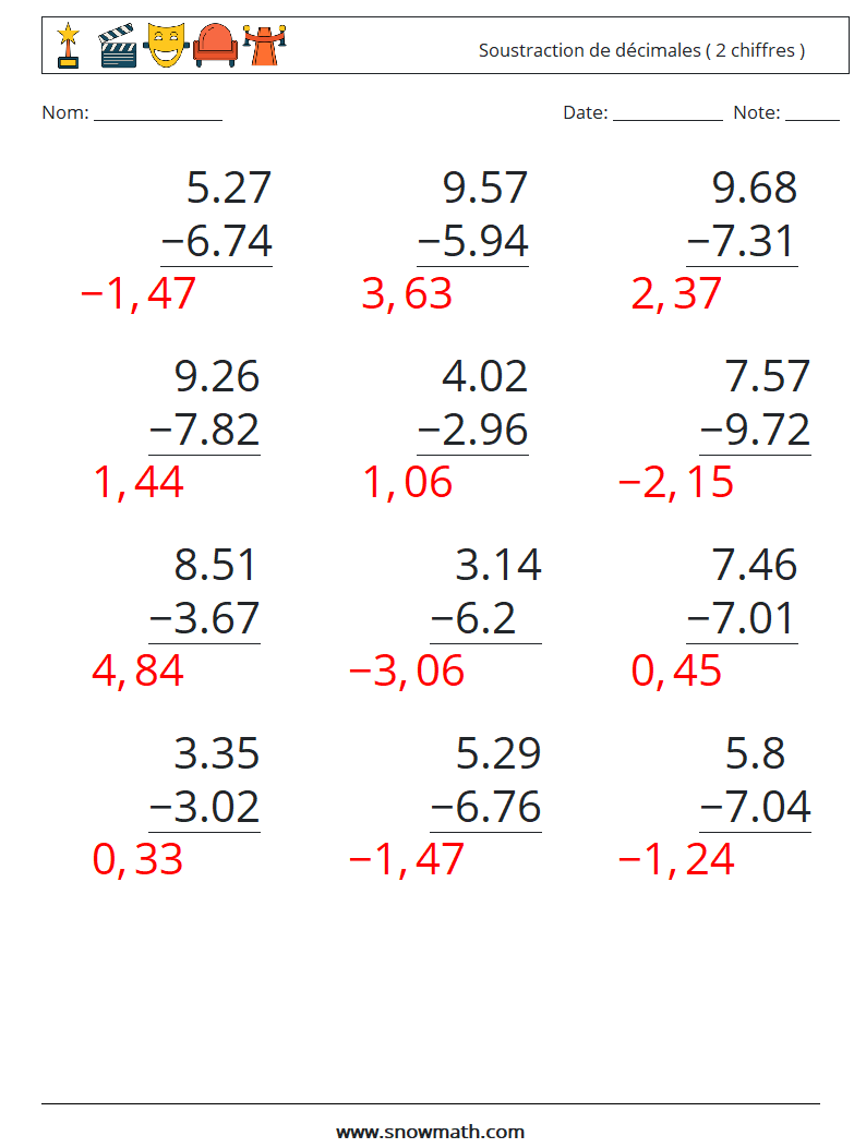 (12) Soustraction de décimales ( 2 chiffres ) Fiches d'Exercices de Mathématiques 16 Question, Réponse
