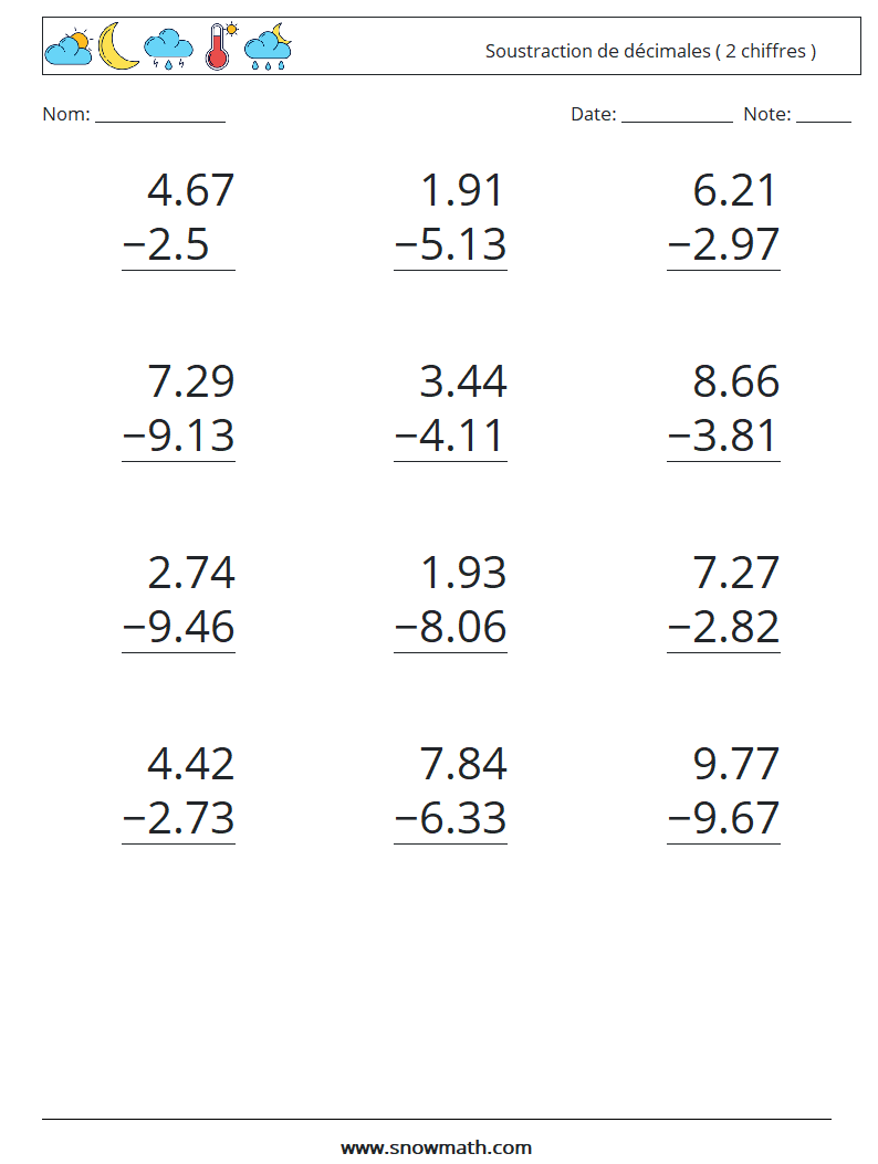 (12) Soustraction de décimales ( 2 chiffres ) Fiches d'Exercices de Mathématiques 18