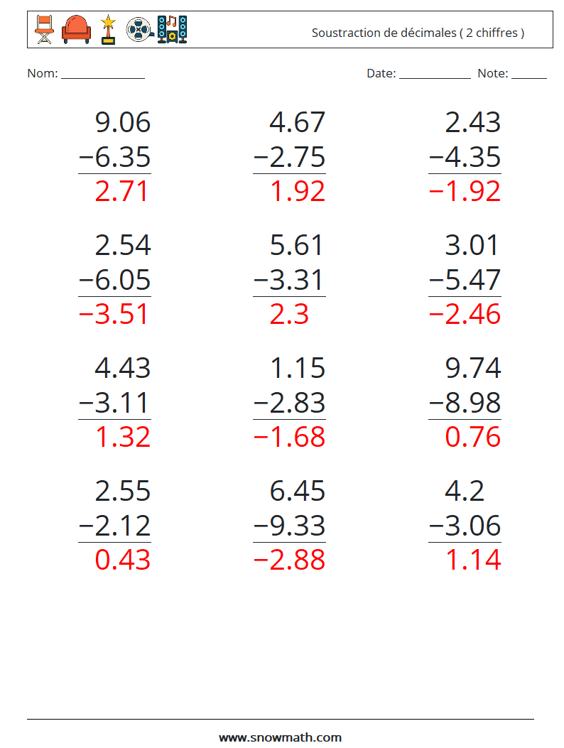 (12) Soustraction de décimales ( 2 chiffres ) Fiches d'Exercices de Mathématiques 1 Question, Réponse